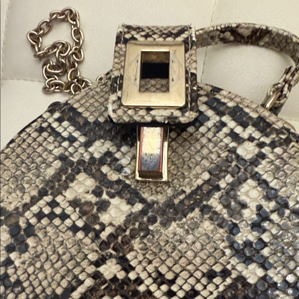 Zara Snakeskin Round Crossbody Bag Gold Chain & Handle Brown Beige Black Lined - Picture 15 of 17